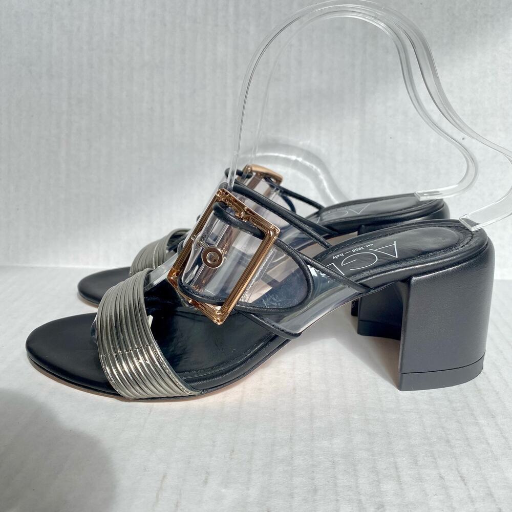AGL Heels Mila Sandals Clear Strap Leather Black Silver Metallic Block Heel 7 37 - Picture 2 of 10